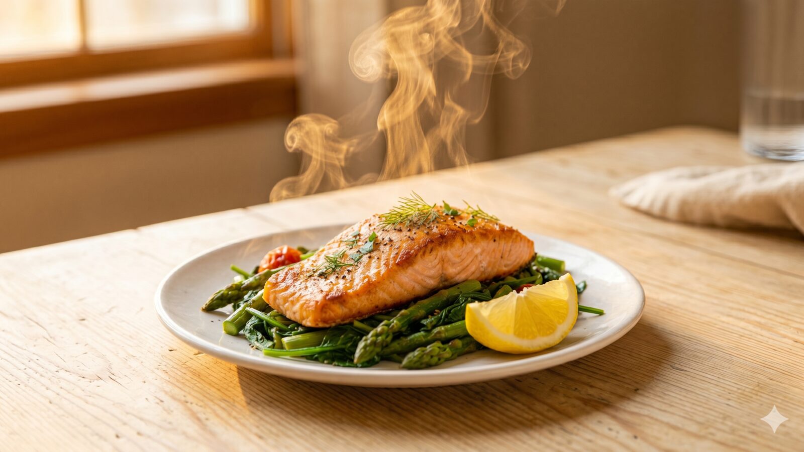 Vibrant air fryer salmon with vegetables, steam rising