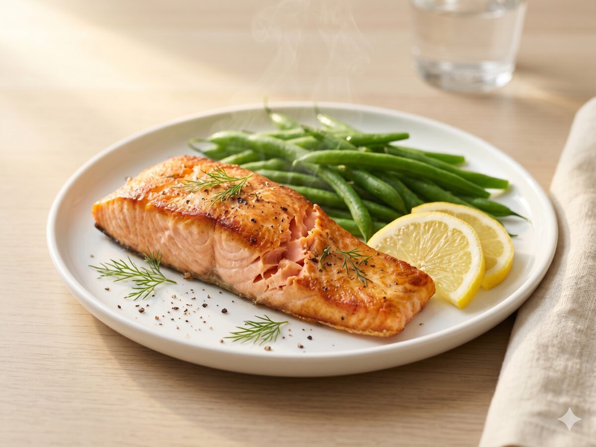 Air fryer salmon fillet with greens and lemon