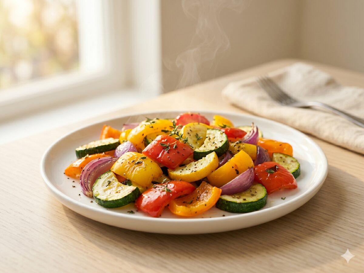 Colourful steaming air fryer vegetables